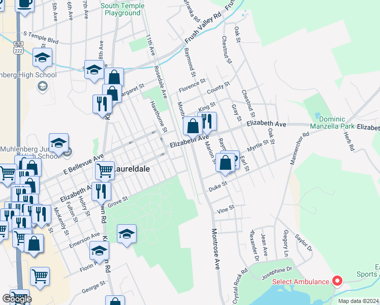 map of restaurants, bars, coffee shops, grocery stores, and more near 3342 Montrose Avenue in Laureldale