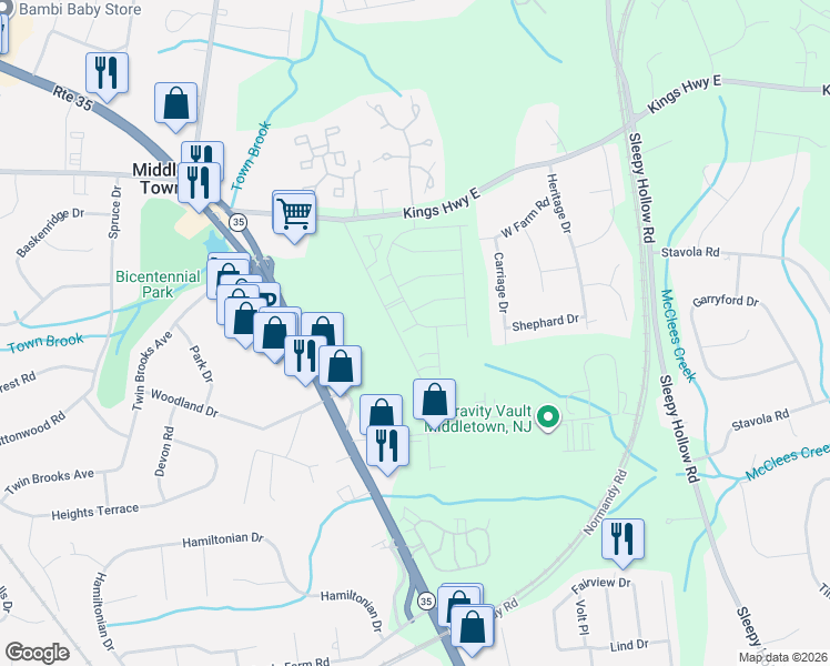 map of restaurants, bars, coffee shops, grocery stores, and more near 73 Augustus Drive in Middletown Township