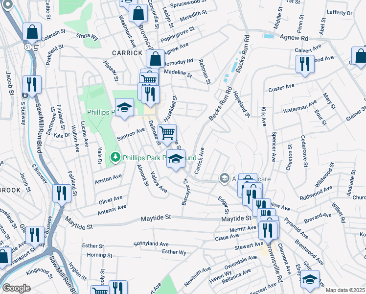 map of restaurants, bars, coffee shops, grocery stores, and more near 2320 Lutz Street in Pittsburgh