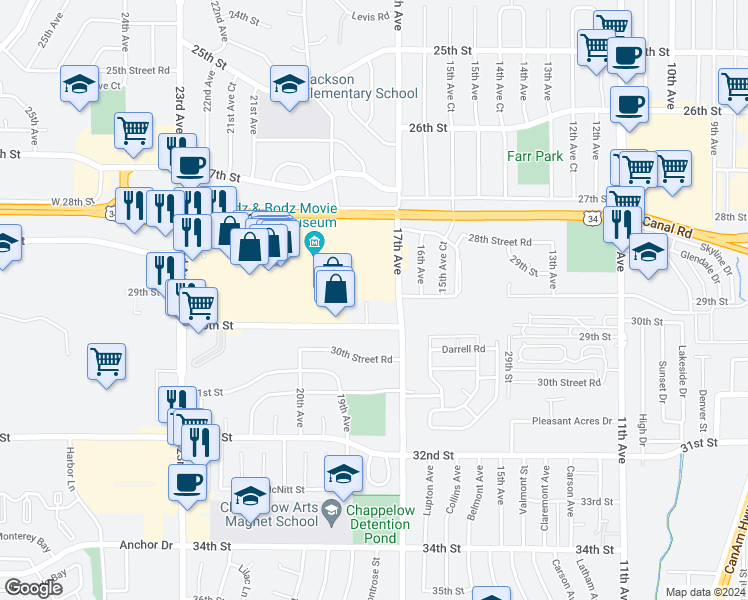 map of restaurants, bars, coffee shops, grocery stores, and more near 2831 28th Street in Greeley