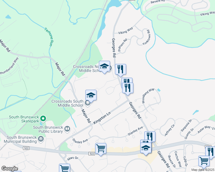 map of restaurants, bars, coffee shops, grocery stores, and more near 26 Regal Drive in South Brunswick Township