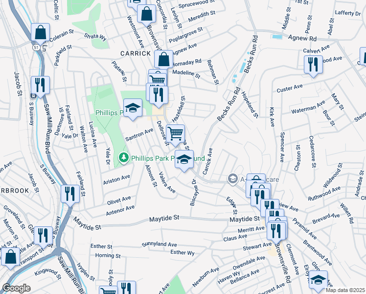 map of restaurants, bars, coffee shops, grocery stores, and more near 2320 Lutz Street in Pittsburgh