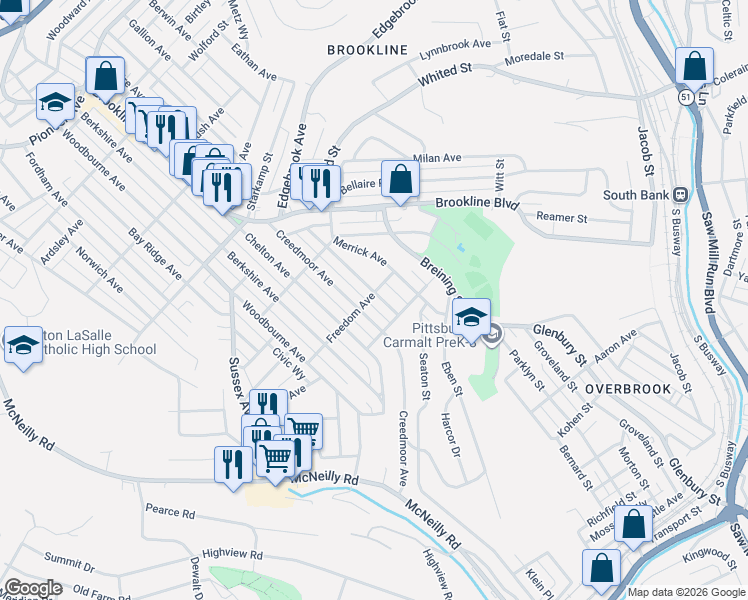 map of restaurants, bars, coffee shops, grocery stores, and more near 1503 Creedmoor Avenue in Pittsburgh