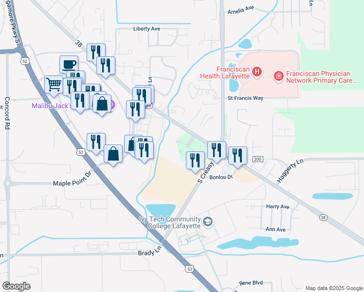 map of restaurants, bars, coffee shops, grocery stores, and more near 23 Torchwood Court in Lafayette