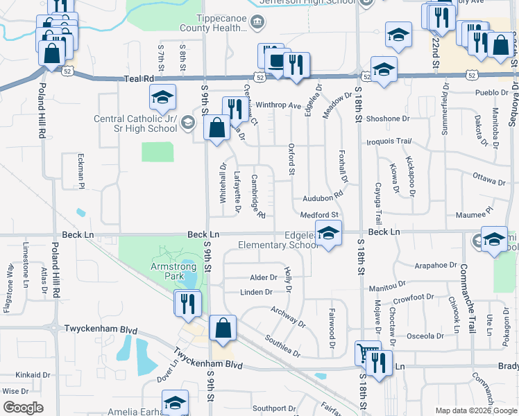 map of restaurants, bars, coffee shops, grocery stores, and more near 2552 Cambridge Road in Lafayette
