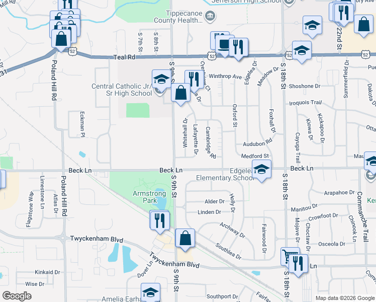 map of restaurants, bars, coffee shops, grocery stores, and more near 2553 Whitehall Drive in Lafayette