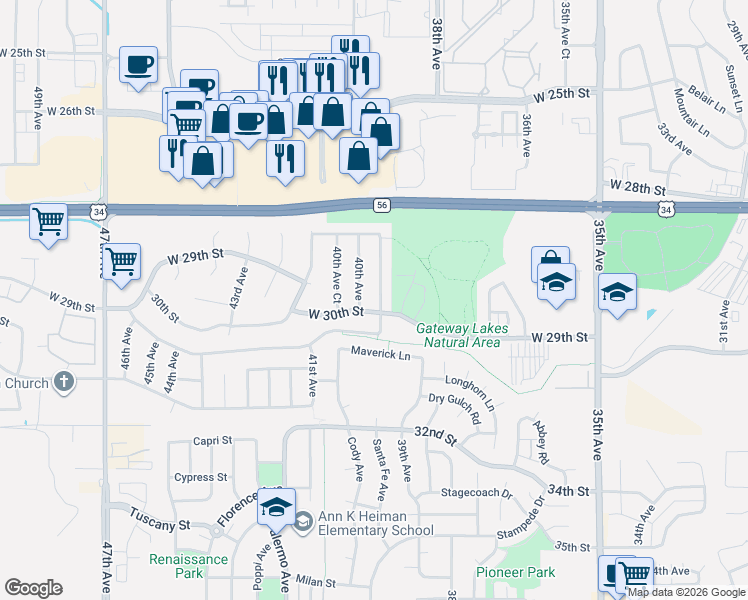 map of restaurants, bars, coffee shops, grocery stores, and more near 2854 40th Avenue in Greeley