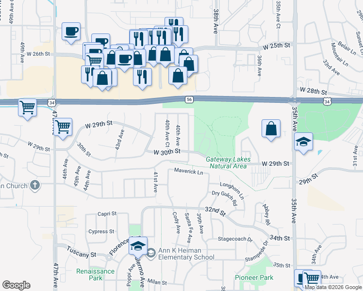 map of restaurants, bars, coffee shops, grocery stores, and more near 2854 40th Avenue in Greeley