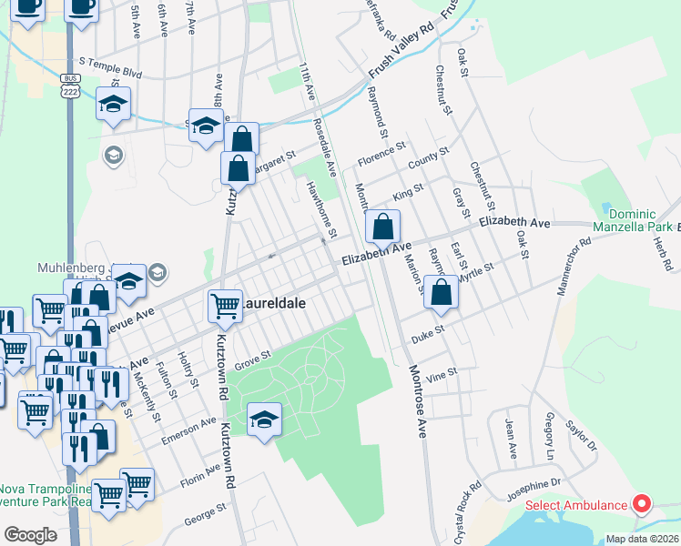 map of restaurants, bars, coffee shops, grocery stores, and more near 1306 Elizabeth Avenue in Laureldale
