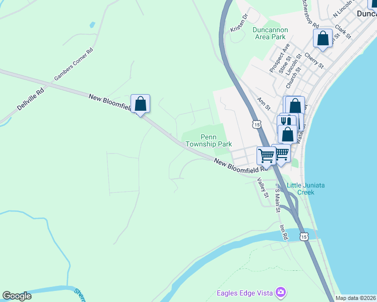 map of restaurants, bars, coffee shops, grocery stores, and more near 303 New Bloomfield Road in Duncannon