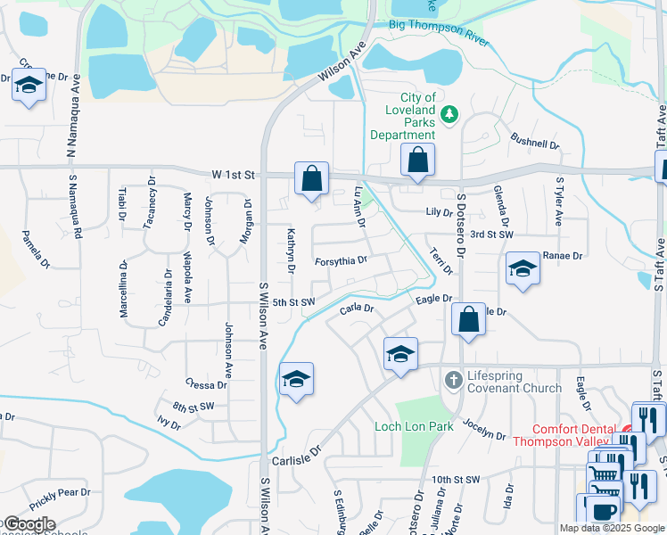 map of restaurants, bars, coffee shops, grocery stores, and more near 418 Anita Drive in Loveland