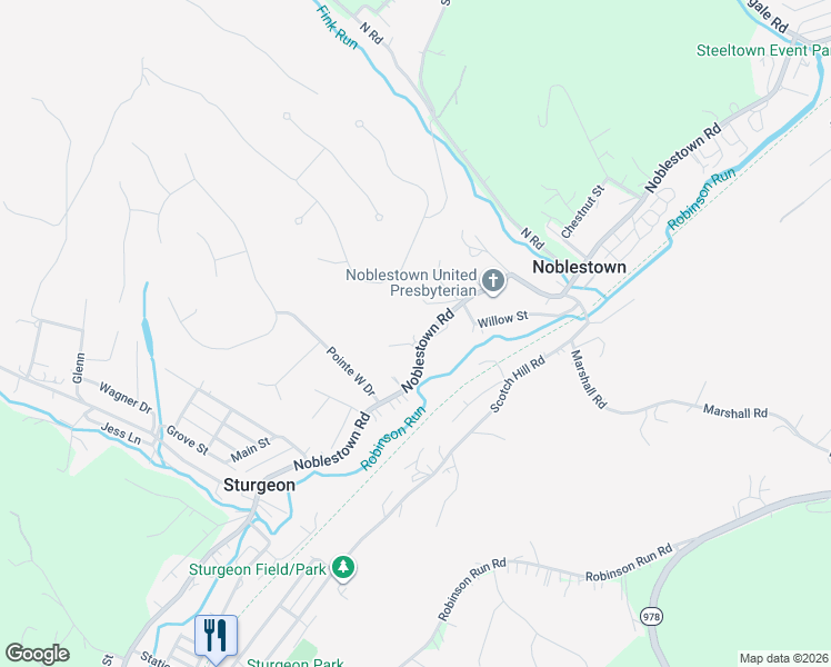 map of restaurants, bars, coffee shops, grocery stores, and more near 7512 Noblestown Road in Oakdale
