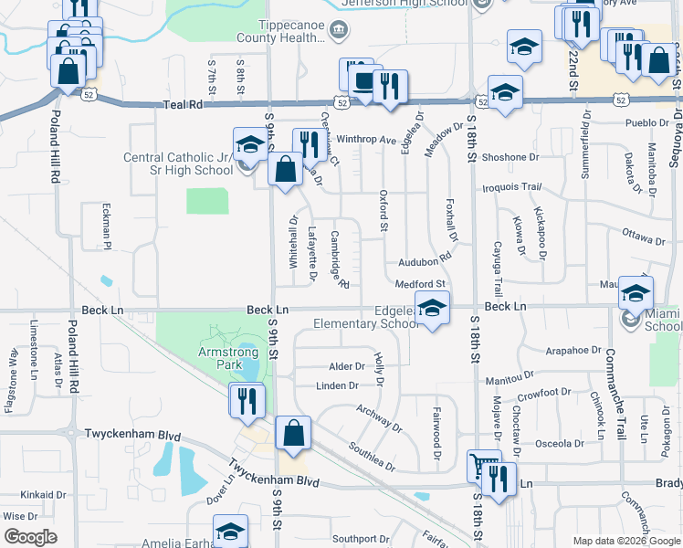 map of restaurants, bars, coffee shops, grocery stores, and more near 2552 Cambridge Road in Lafayette