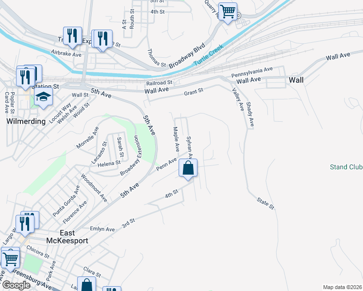 map of restaurants, bars, coffee shops, grocery stores, and more near 831 Maple Avenue in North Versailles