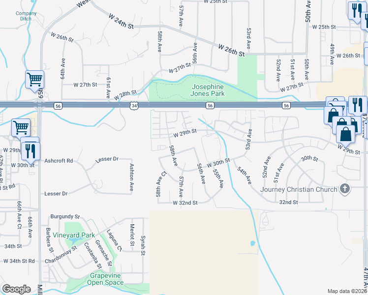 map of restaurants, bars, coffee shops, grocery stores, and more near 5612 29th Street Road in Greeley