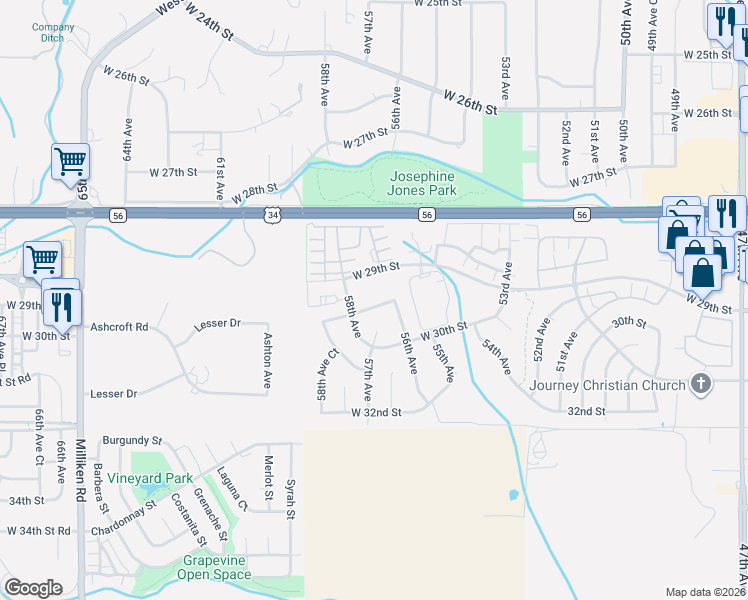 map of restaurants, bars, coffee shops, grocery stores, and more near 5612 29th Street Road in Greeley