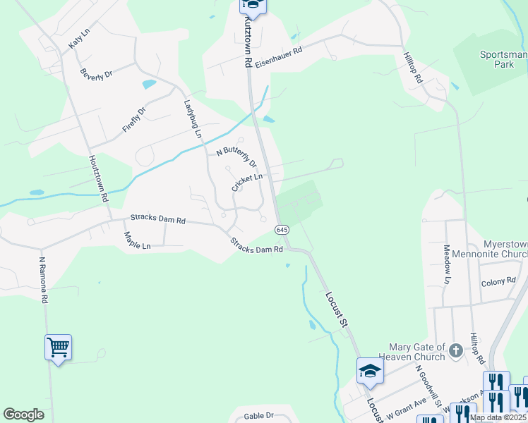 map of restaurants, bars, coffee shops, grocery stores, and more near 1 Honeybee Court in Myerstown