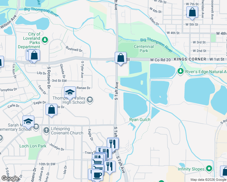 map of restaurants, bars, coffee shops, grocery stores, and more near 416 Audrey Drive in Loveland
