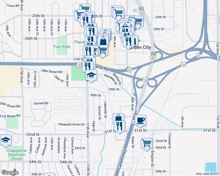 map of restaurants, bars, coffee shops, grocery stores, and more near 2904 State Farm Road in Evans