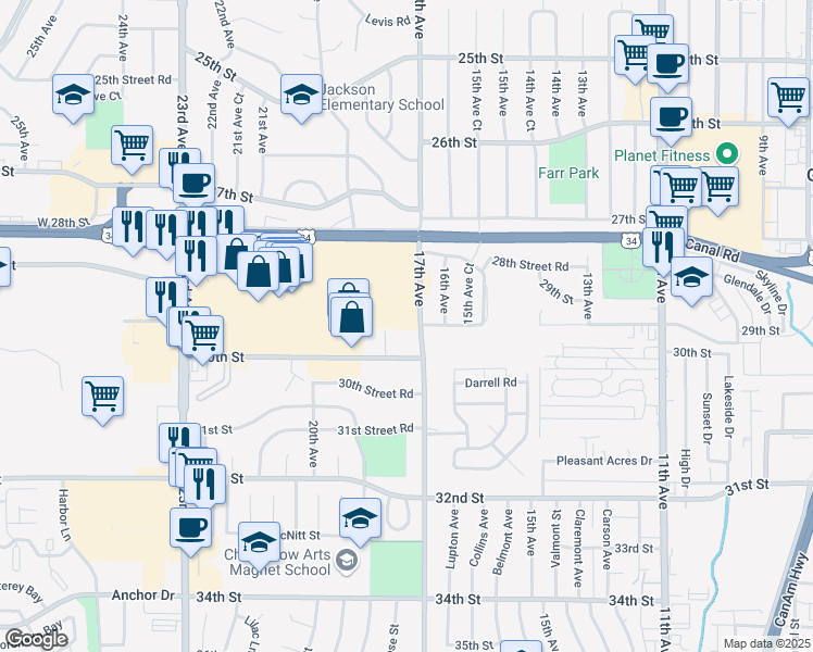 map of restaurants, bars, coffee shops, grocery stores, and more near 2831 28th Street in Greeley