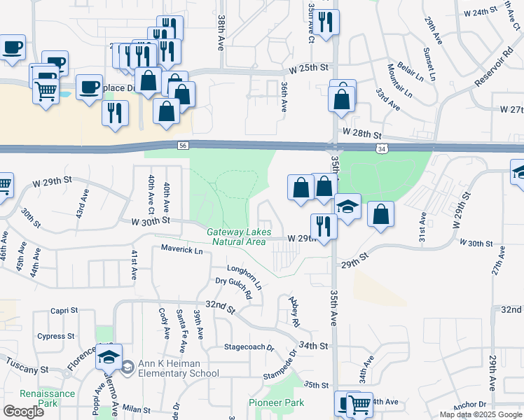 map of restaurants, bars, coffee shops, grocery stores, and more near 3613 West 29th Street in Greeley
