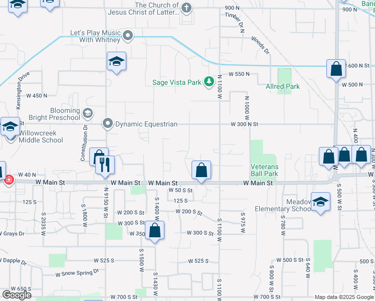 map of restaurants, bars, coffee shops, grocery stores, and more near 127 North Palomino Way in Lehi
