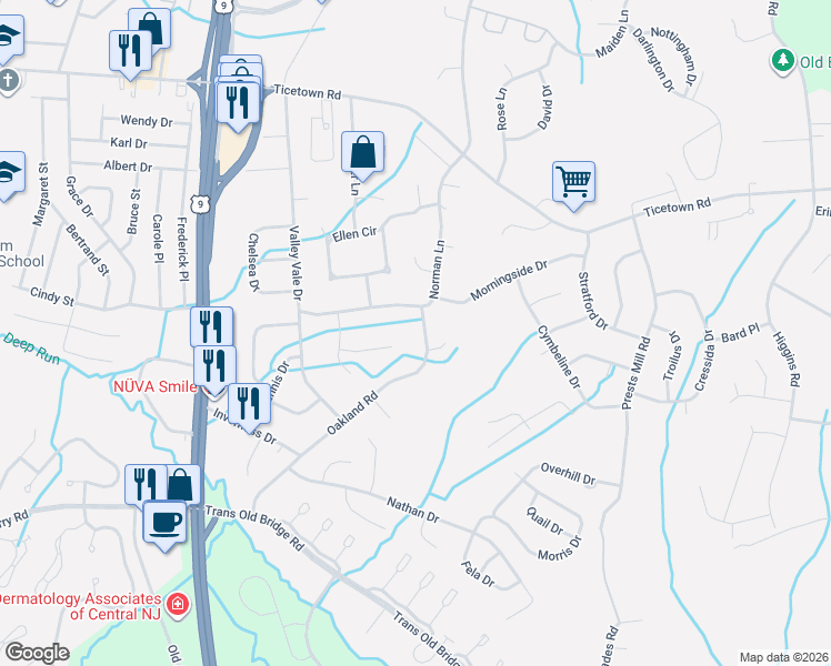 map of restaurants, bars, coffee shops, grocery stores, and more near 9 Oakland Road in Old Bridge
