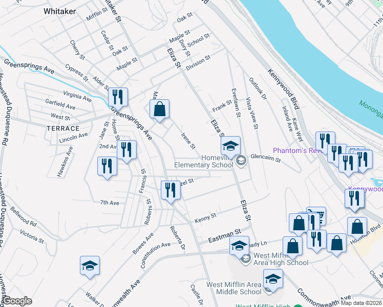 map of restaurants, bars, coffee shops, grocery stores, and more near 720 Glencairn Street in West Mifflin