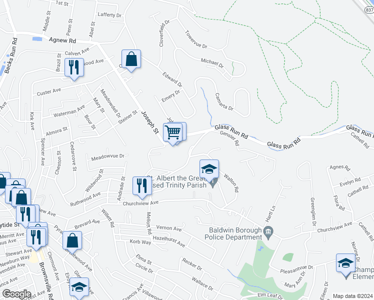 map of restaurants, bars, coffee shops, grocery stores, and more near 1000 Glass Run Road in Pittsburgh