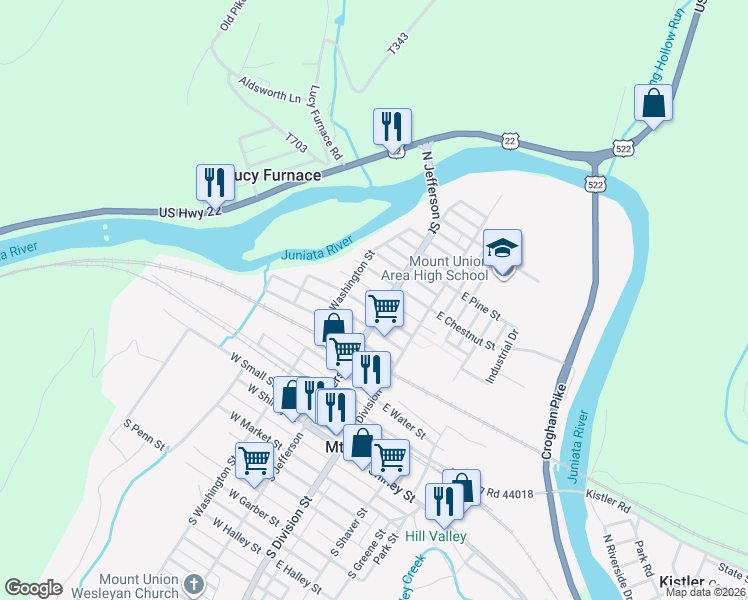map of restaurants, bars, coffee shops, grocery stores, and more near 108 West Walnut Street in Mount Union