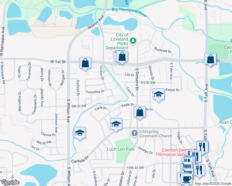 map of restaurants, bars, coffee shops, grocery stores, and more near 458 Natasha Court in Loveland