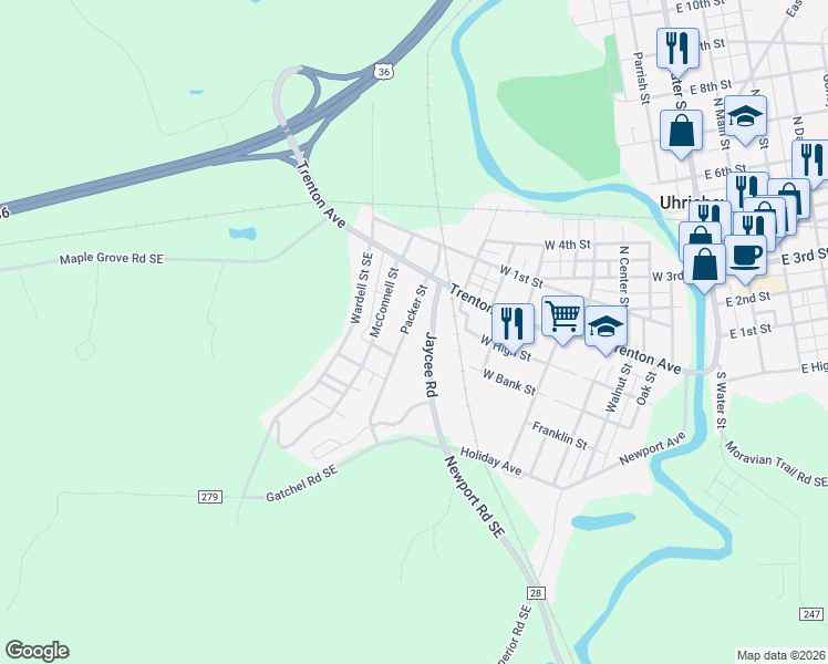 map of restaurants, bars, coffee shops, grocery stores, and more near 278 Packer Street in Uhrichsville