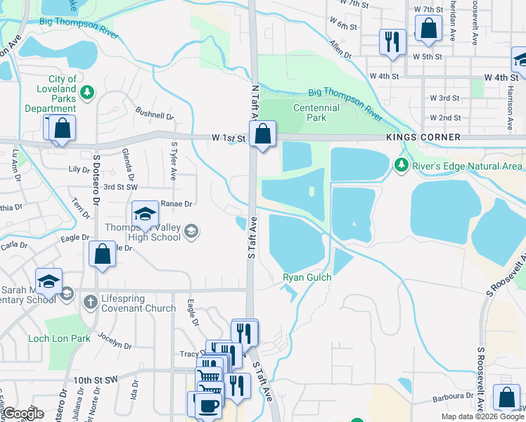 map of restaurants, bars, coffee shops, grocery stores, and more near 424 Split Rock Drive in Loveland