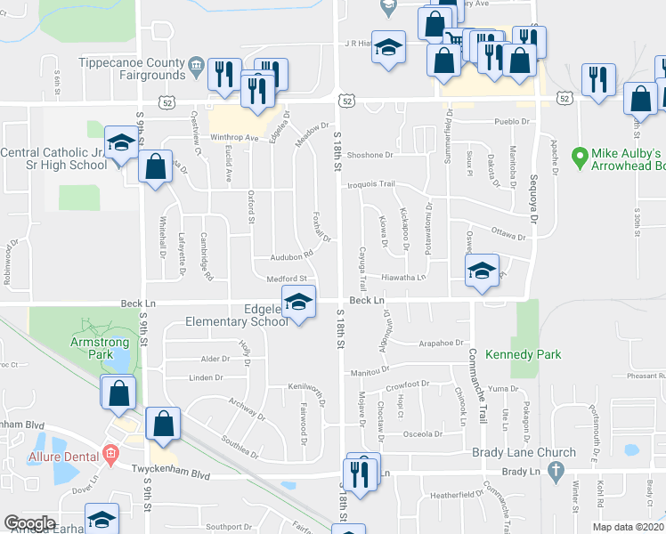 map of restaurants, bars, coffee shops, grocery stores, and more near 2720 South 18th Street in Lafayette