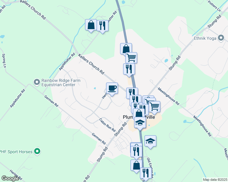 map of restaurants, bars, coffee shops, grocery stores, and more near 6122 Autumn Court in Plumsteadville