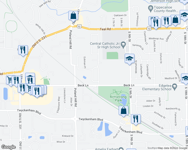 map of restaurants, bars, coffee shops, grocery stores, and more near 2513 Robinwood Drive in Lafayette