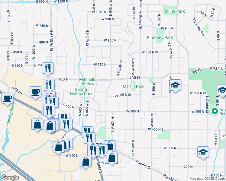 map of restaurants, bars, coffee shops, grocery stores, and more near 516 West 600 North Street in American Fork