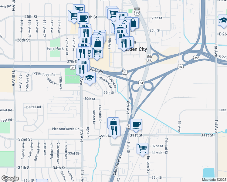 map of restaurants, bars, coffee shops, grocery stores, and more near 2905 Glendale Drive in Evans