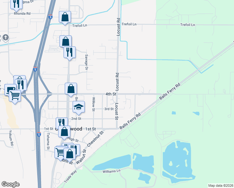 map of restaurants, bars, coffee shops, grocery stores, and more near 3485 Locust Road in Cottonwood