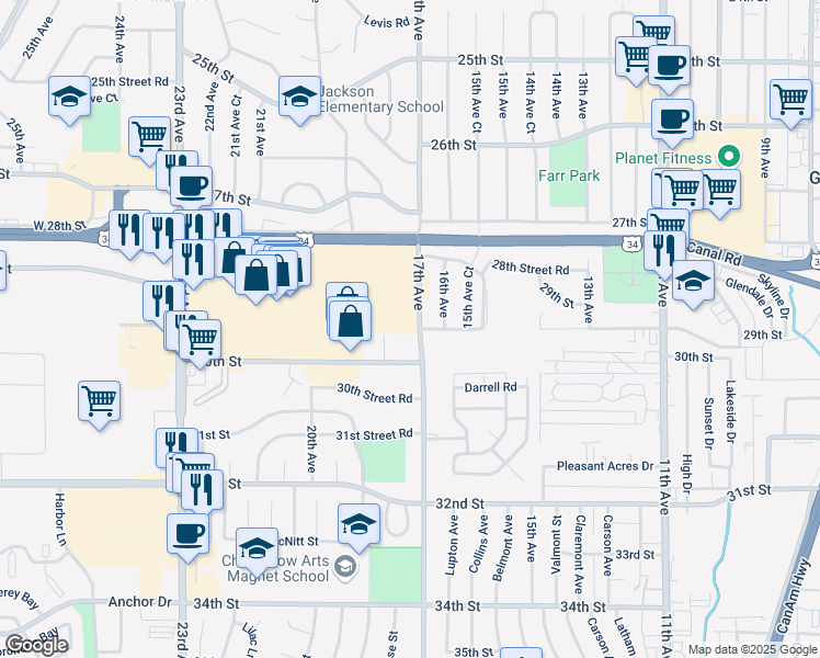 map of restaurants, bars, coffee shops, grocery stores, and more near 2921 17th Avenue in Greeley