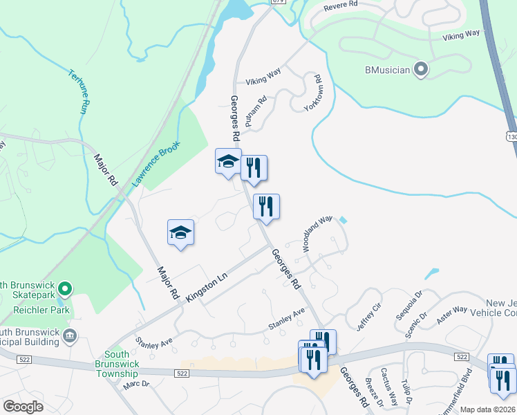 map of restaurants, bars, coffee shops, grocery stores, and more near 602 Georges Road in South Brunswick Township