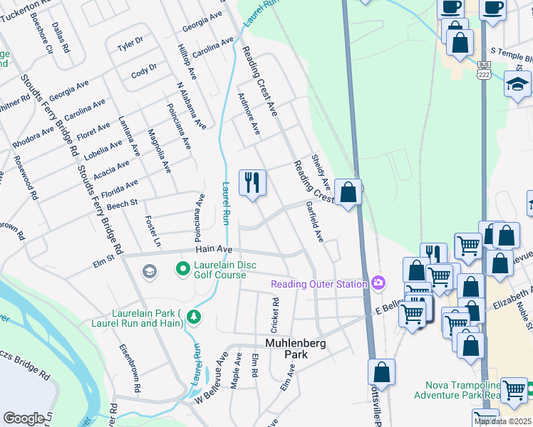 map of restaurants, bars, coffee shops, grocery stores, and more near 3321 Willow Grove Avenue in Reading
