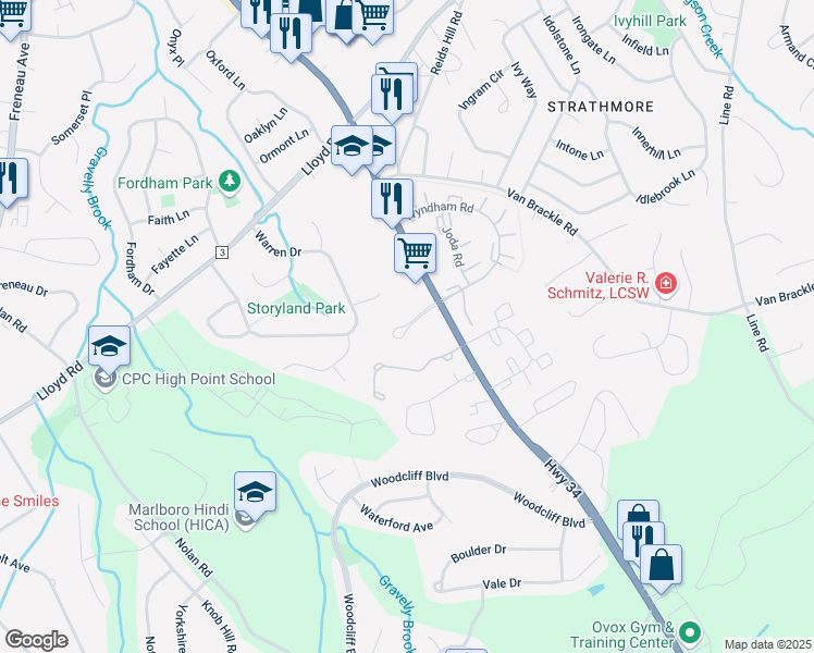 map of restaurants, bars, coffee shops, grocery stores, and more near 1250 Highway 34 in Matawan