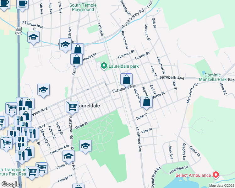 map of restaurants, bars, coffee shops, grocery stores, and more near 3334 Rosedale Avenue in Laureldale