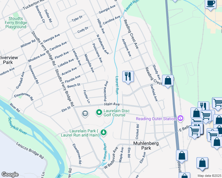 map of restaurants, bars, coffee shops, grocery stores, and more near 509 Edison Court in Reading