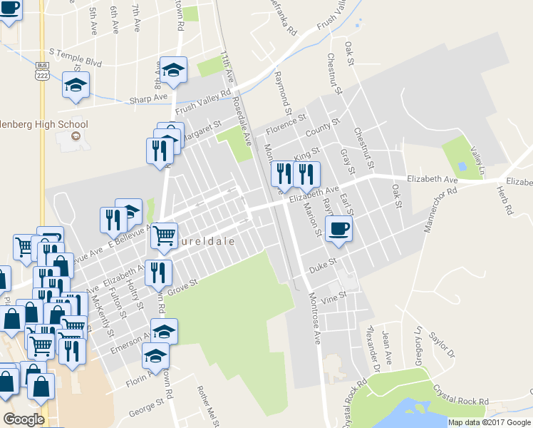 map of restaurants, bars, coffee shops, grocery stores, and more near 3334 Rosedale Avenue in Laureldale