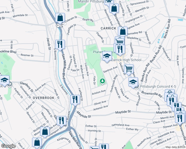 map of restaurants, bars, coffee shops, grocery stores, and more near 2214 Yale Drive in Pittsburgh