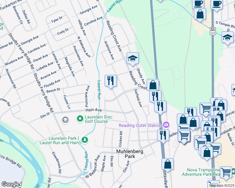 map of restaurants, bars, coffee shops, grocery stores, and more near 3321 Willow Grove Avenue in Reading