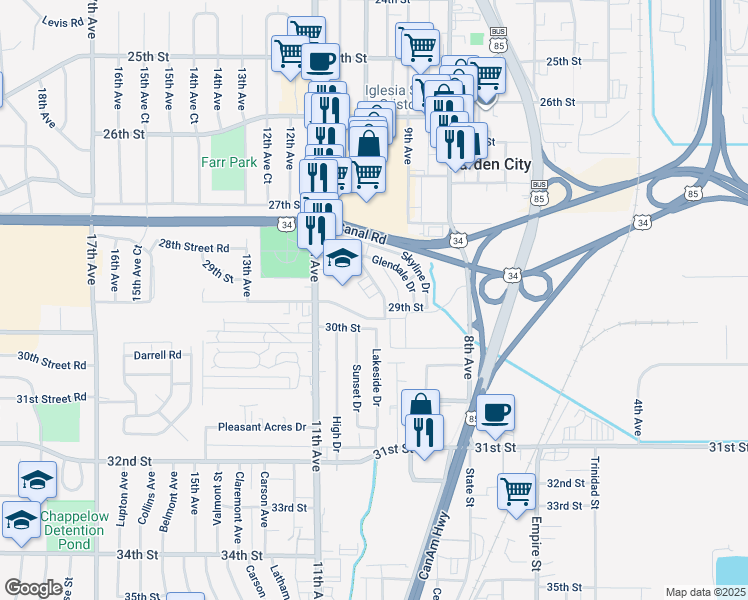 map of restaurants, bars, coffee shops, grocery stores, and more near 2904 State Farm Road in Evans