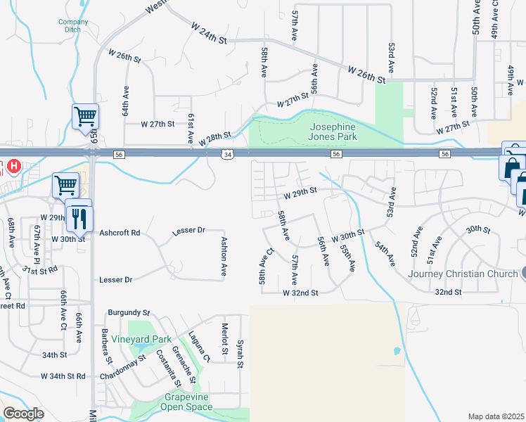 map of restaurants, bars, coffee shops, grocery stores, and more near 5803 29th Street Road in Greeley